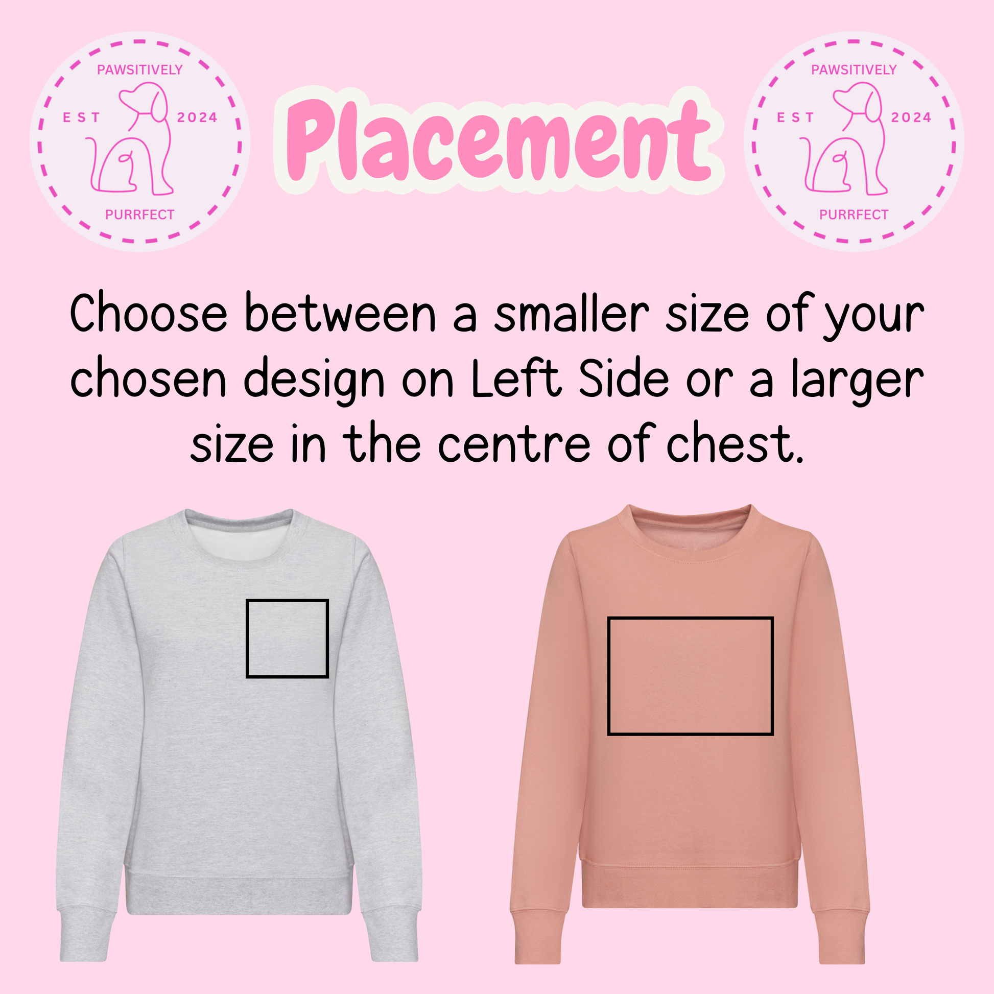 Two sweatshirts, one gray and one pink, with black square designs on a pink background with text about design placement.