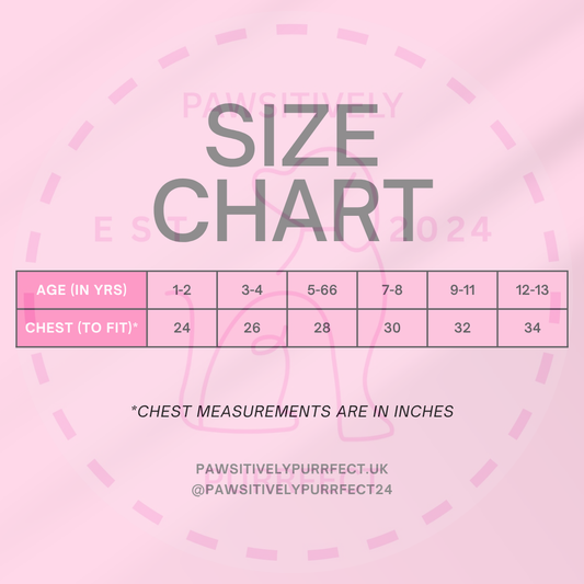 Size chart for children's clothing on a pink background with brand name 'Pawsitively Purrfect'.