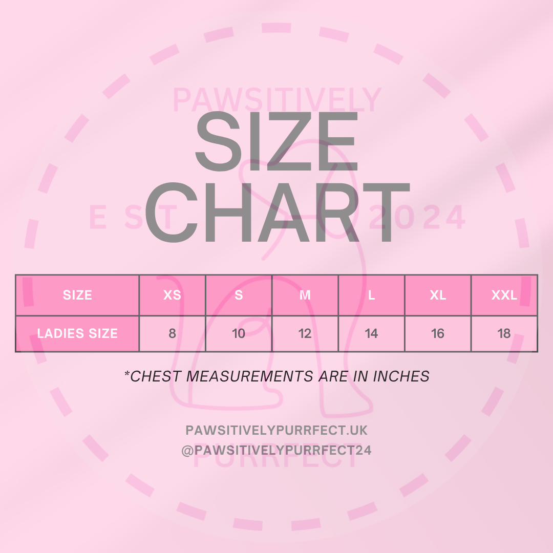 Size chart for ladies' clothing on a pink background with 'Pawsitively Purrfect' branding.