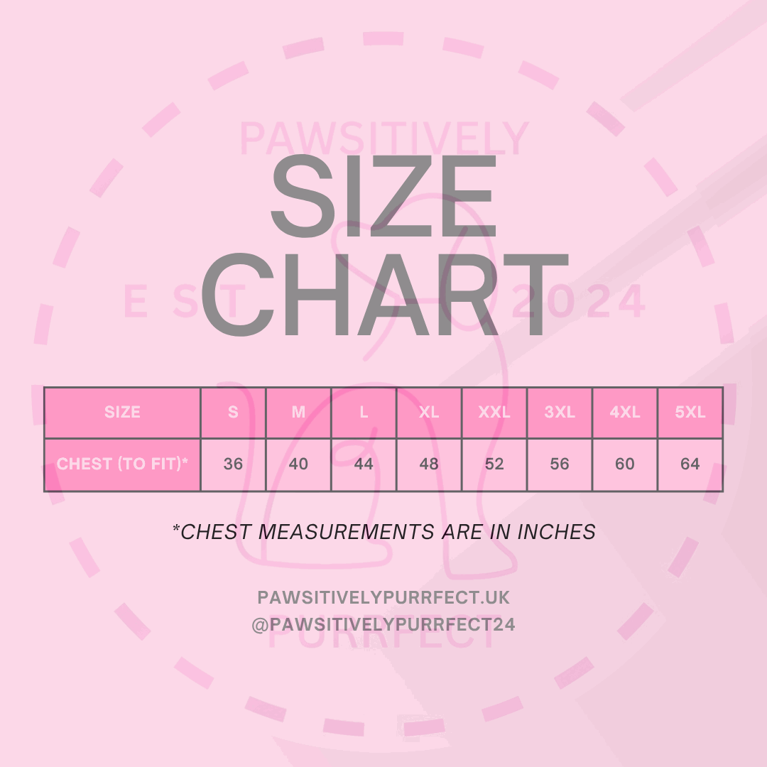 Size chart for clothing with chest measurements on a pink background, featuring the brand 'PAWSITIVELY'.