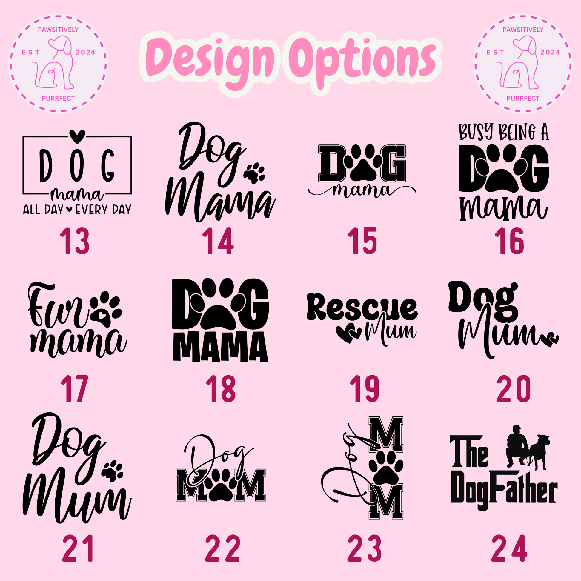 Collection of 'Dog Mama' and related phrases on a pink background with design options.