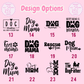 Collection of 'Dog Mama' and related phrases on a pink background with design options.