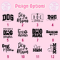 Collection of dog-themed design options on a pink background