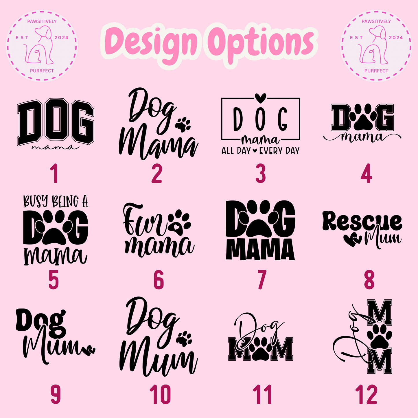 Collection of dog-themed design options on a pink background
