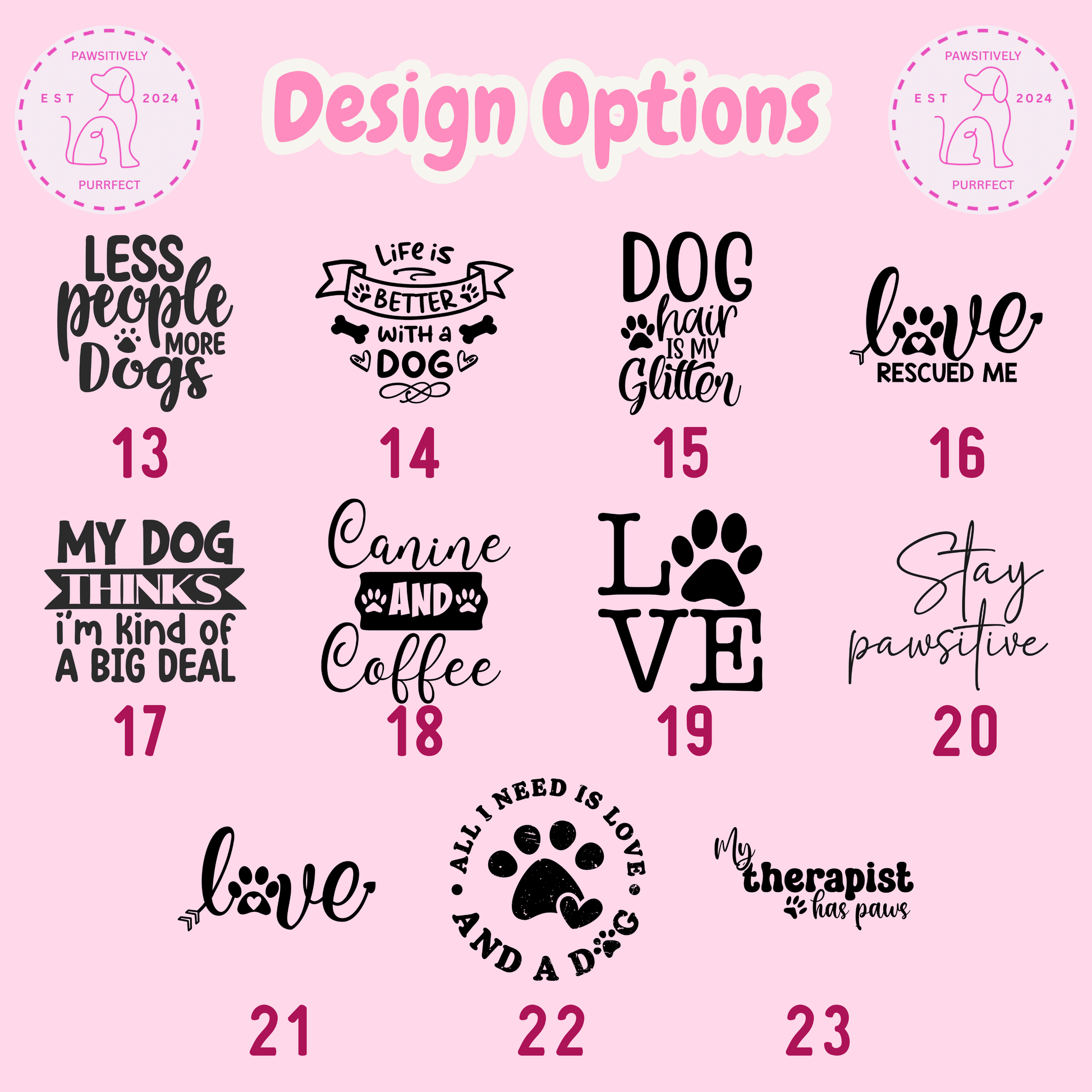 Collection of dog-themed design options on a pink background