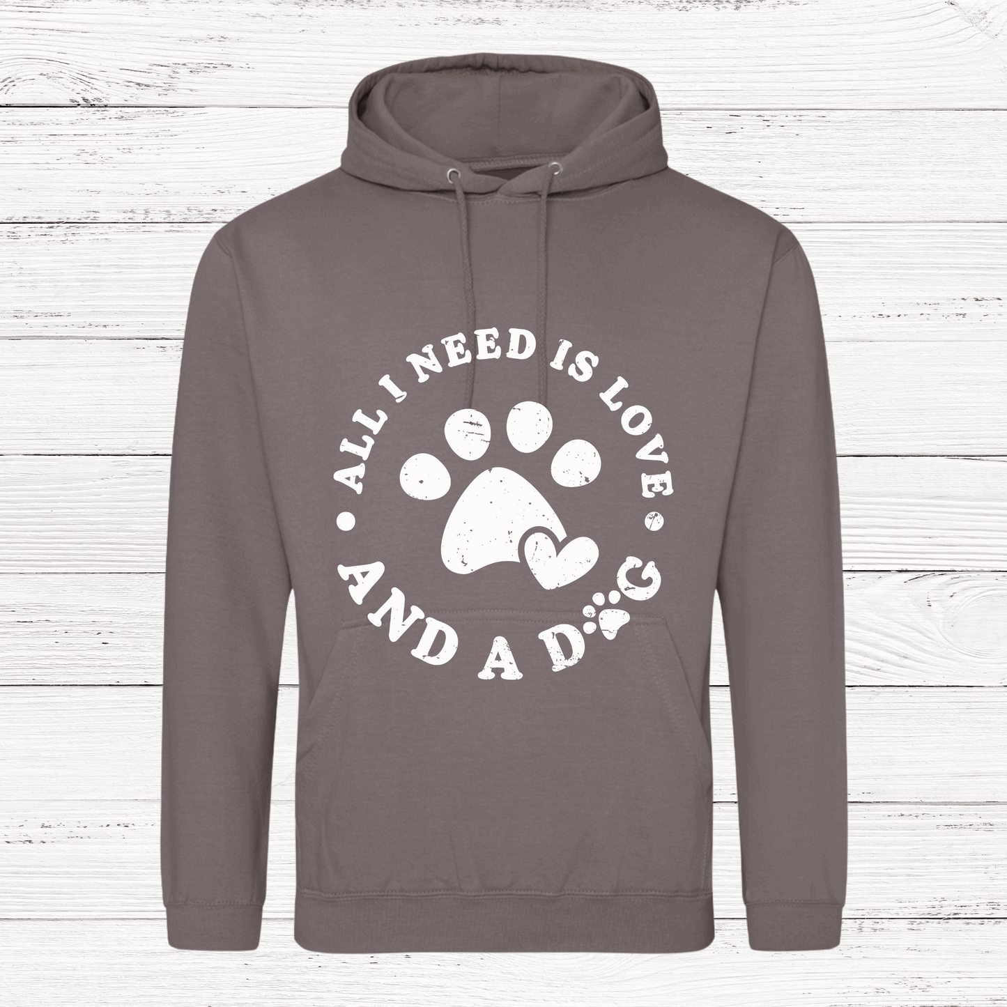 White hoodie with All I Need Is Love and a Dog design