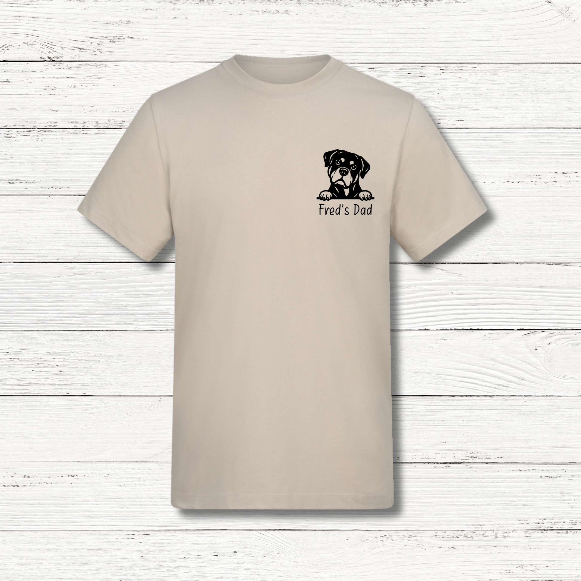 Beige personalised peeking dog T-shirt with custom dog design