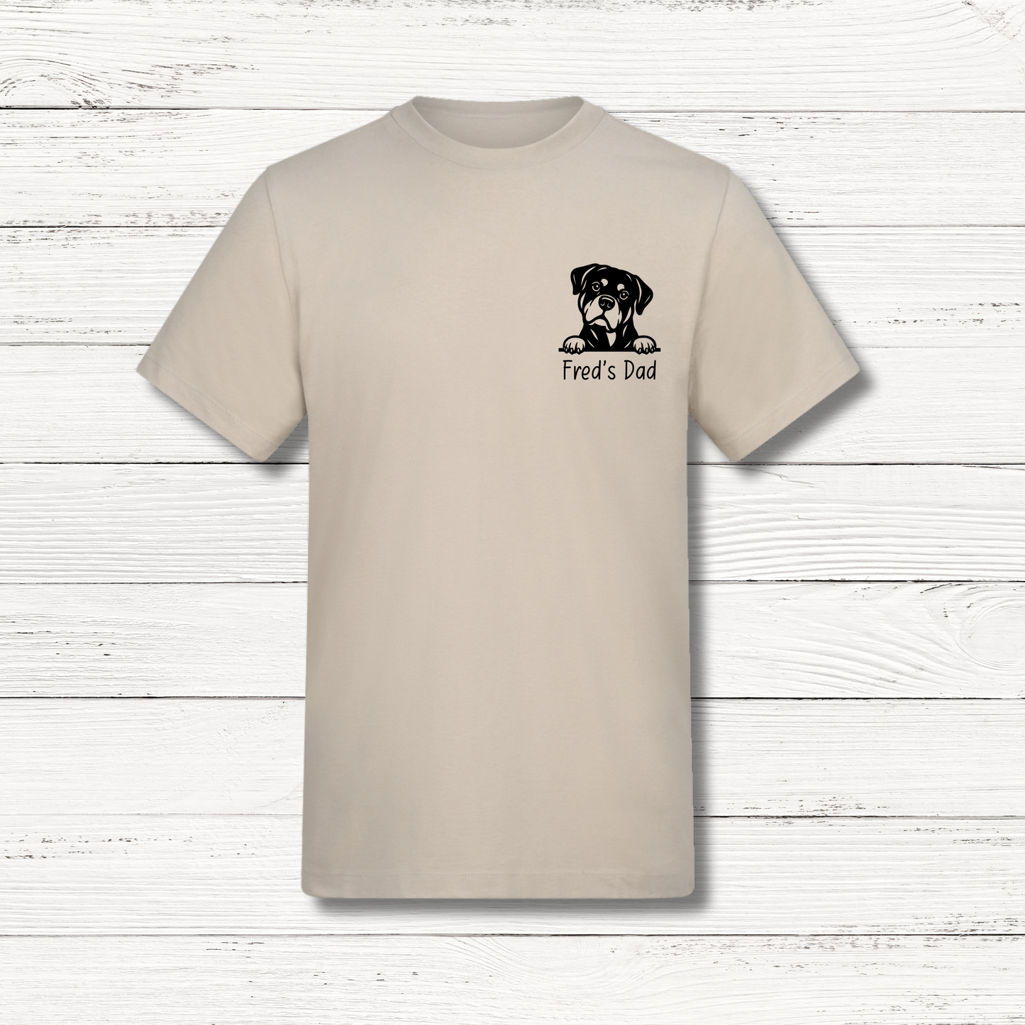 Beige personalised peeking dog T-shirt with custom dog design