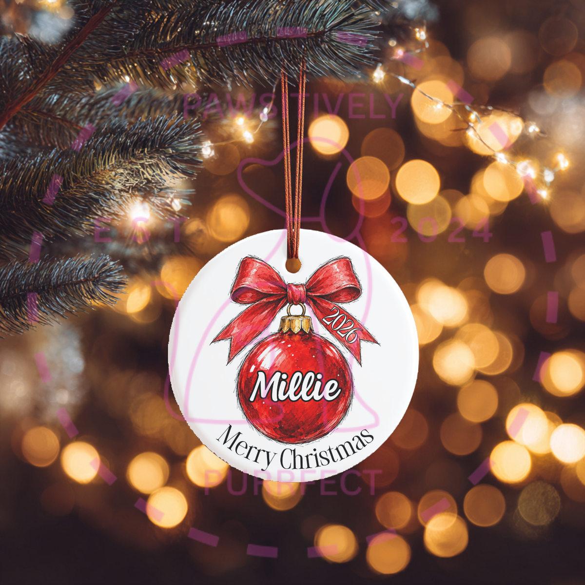 Custom Christmas bauble featuring a beautiful bow design.