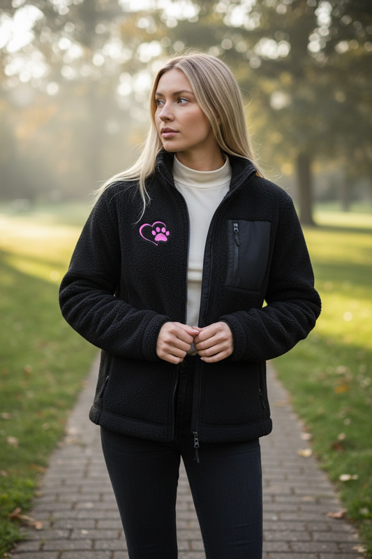 Embroidered unisex borg fleece jacket with heart paw design