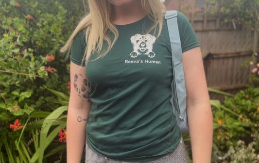 Green women's T-shirt with personalised white peeking dog outline