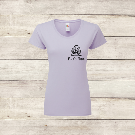 Lavender women's T-shirt with personalised peeking dog design