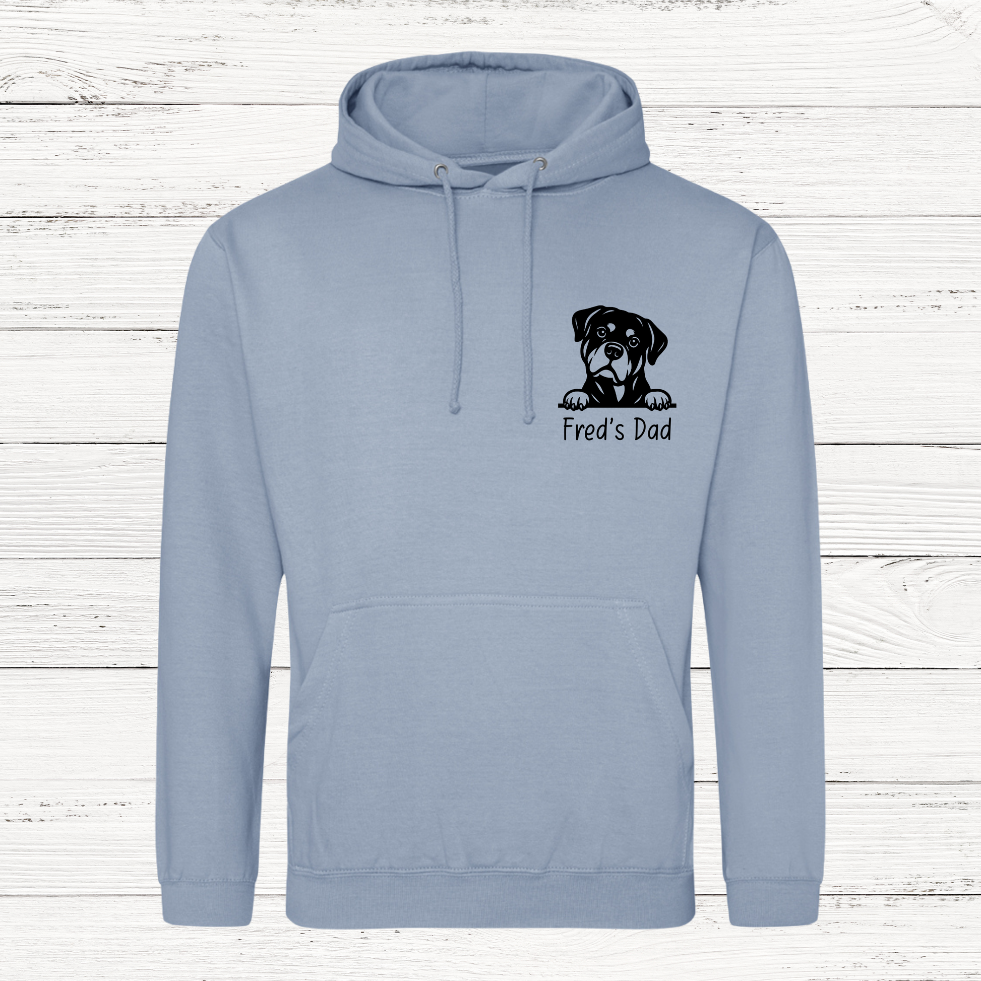 Light blue personalised peeking dog hoodie with custom dog design