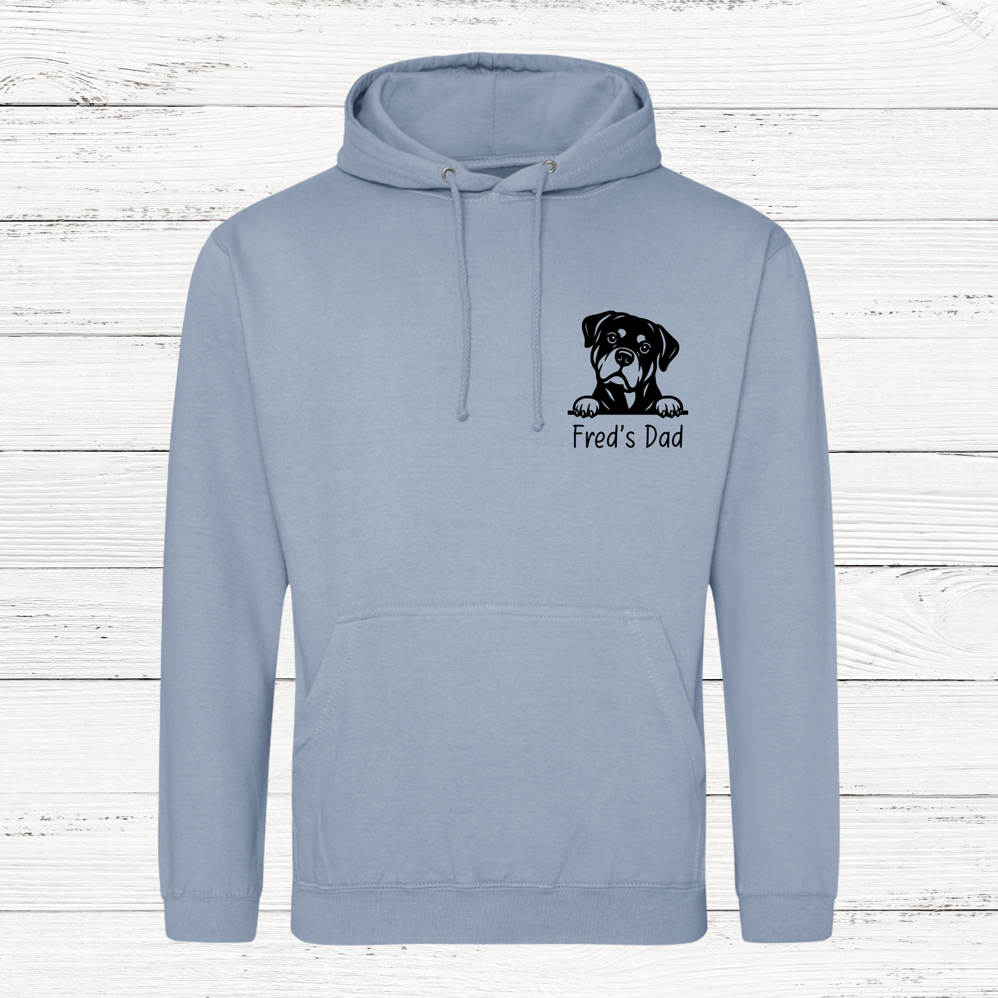 Light blue personalised peeking dog hoodie with custom dog design