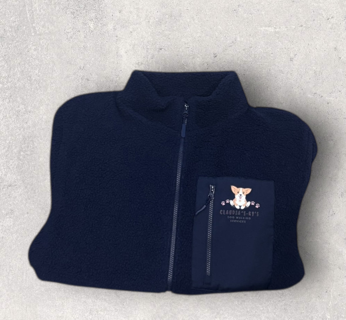 Navy blue borg fleece workwear jacket with full zip and pocket