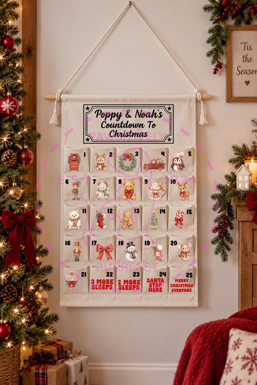 Personalised advent calendar with custom name for a Christmas countdown