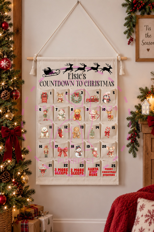 Personalised advent calendar for kids and pets with 25 Christmas countdown pockets