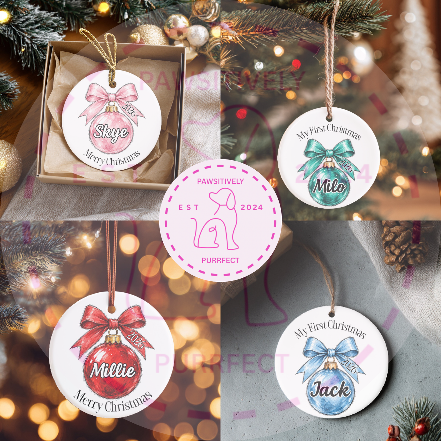 Personalised bow Christmas bauble with custom name design
