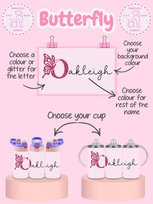 Personalised butterfly tumbler for children with colourful butterfly design
