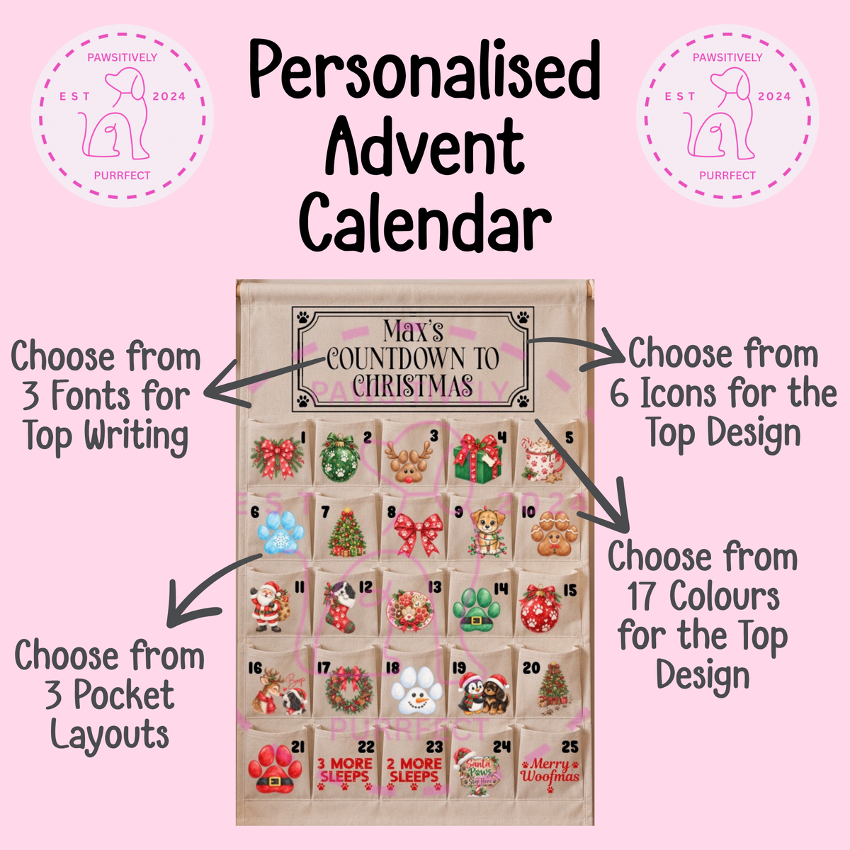 Personalised Christmas advent calendar with 25 numbered pockets