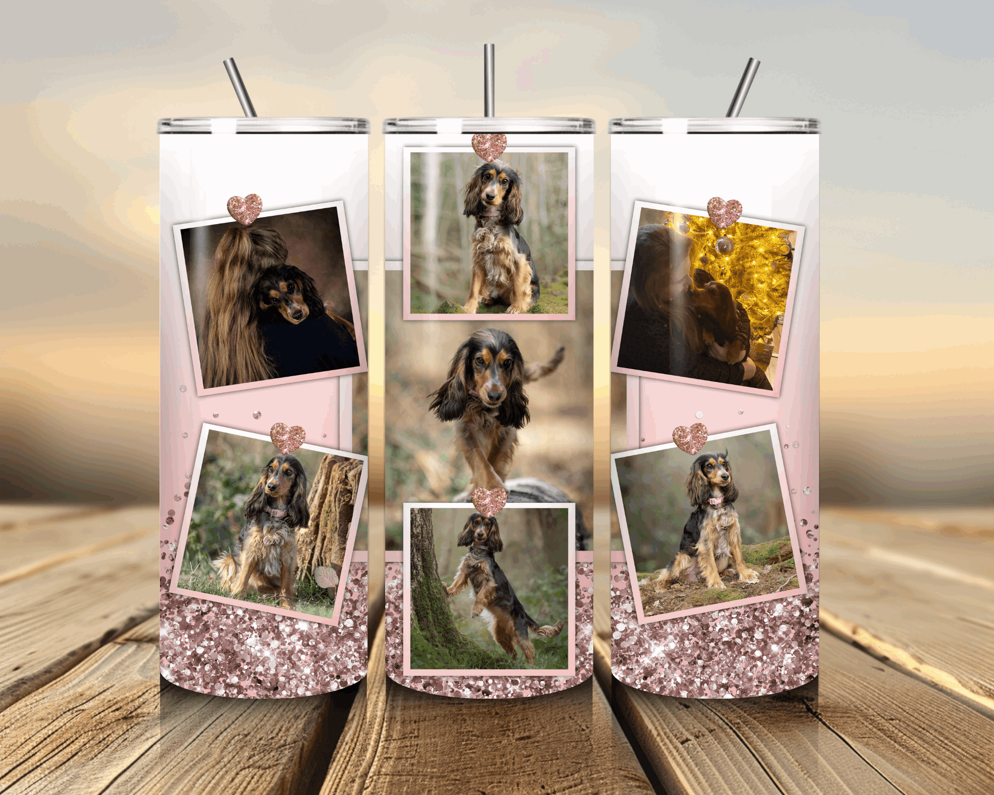Personalised dog photo tumbler featuring a pet collage