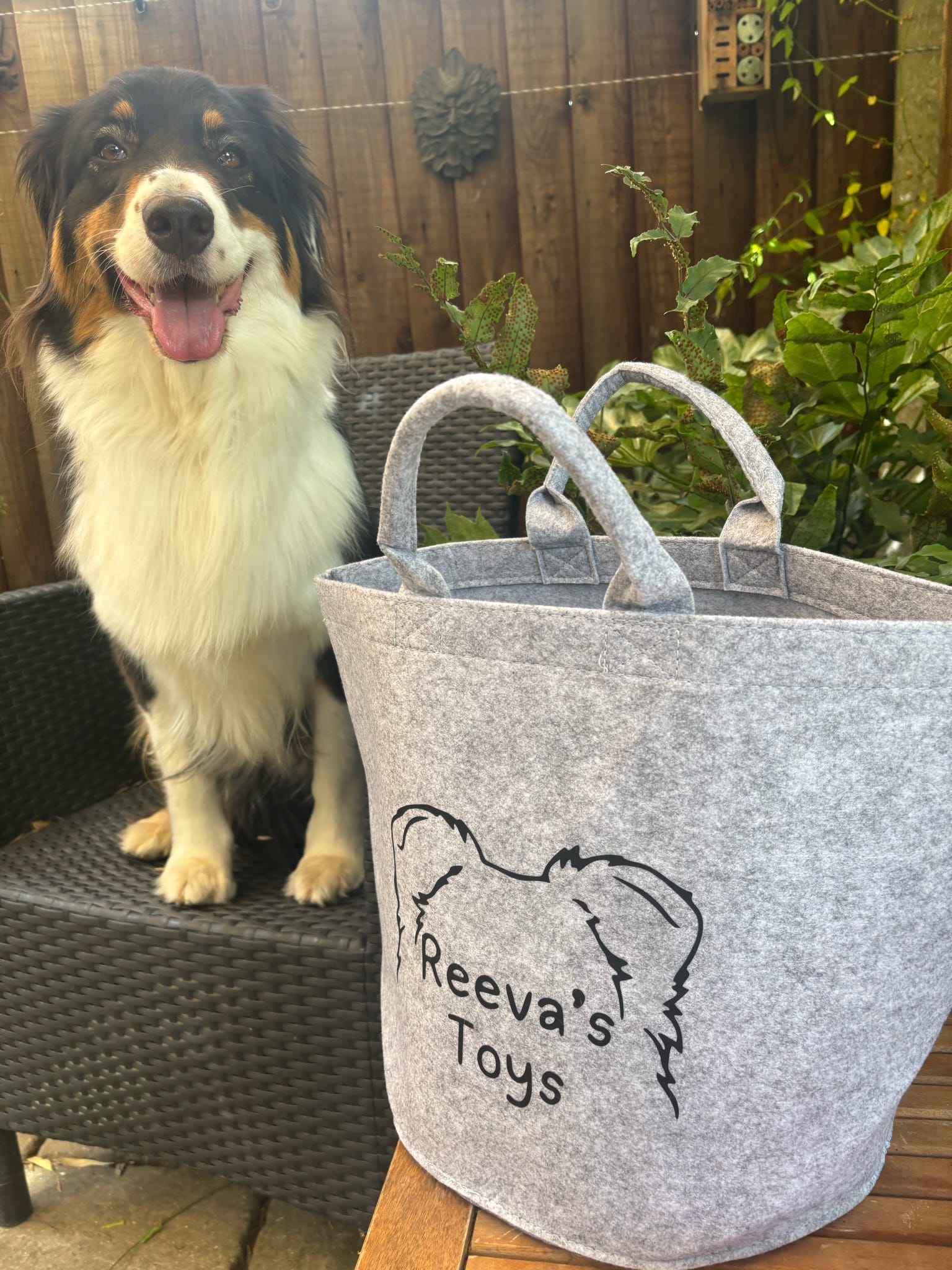 Large personalised dog toy bag filled with pet toys