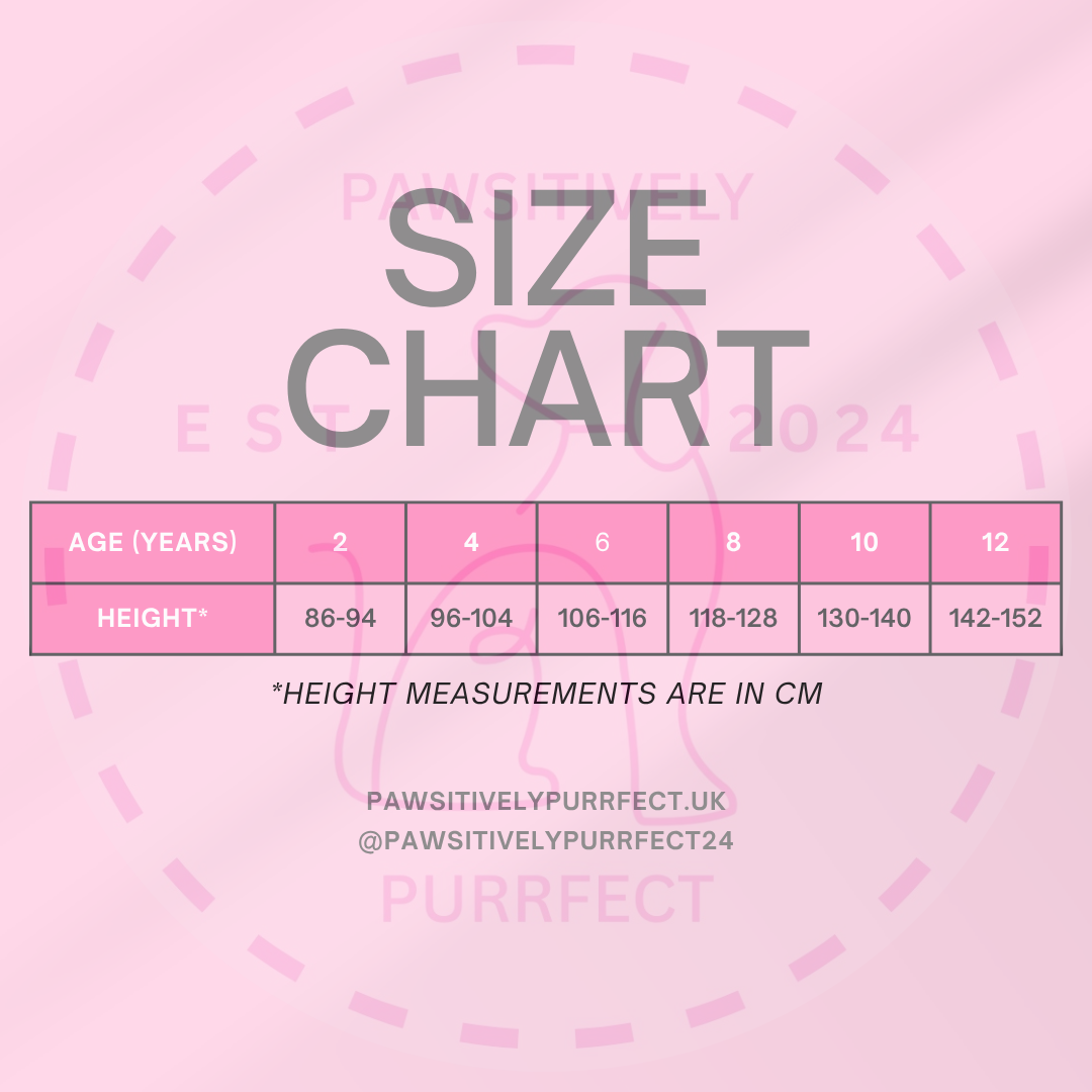Children's size chart for personalised pet T-shirt