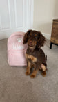 Personalised pet backpack featuring a custom pet name