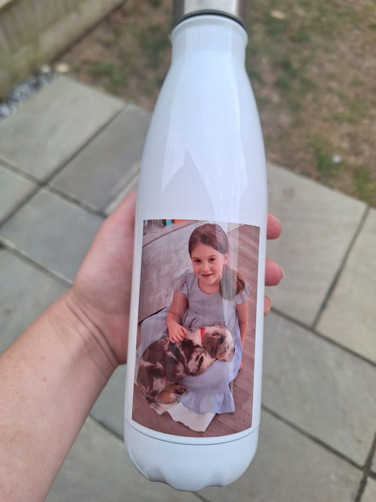 Personalised 500ml pet bottle with custom dog photo and text