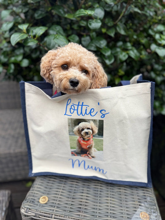 Our personalised pet tote bag with a custom pet photo