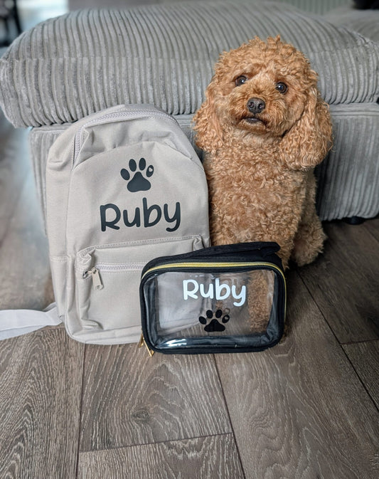 Personalised pet travel bag with pet name and paw print