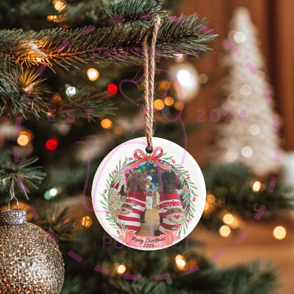 Personalised festive wreath Christmas ornament displayed as a thoughtful Christmas gift for families, friends, and pet lovers.