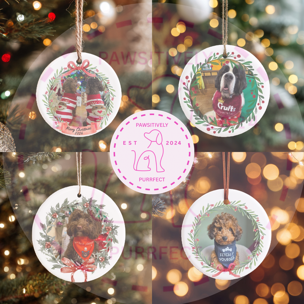 Personalised photo festive wreath Christmas bauble with a custom family or pet photo and festive holiday wreath design.