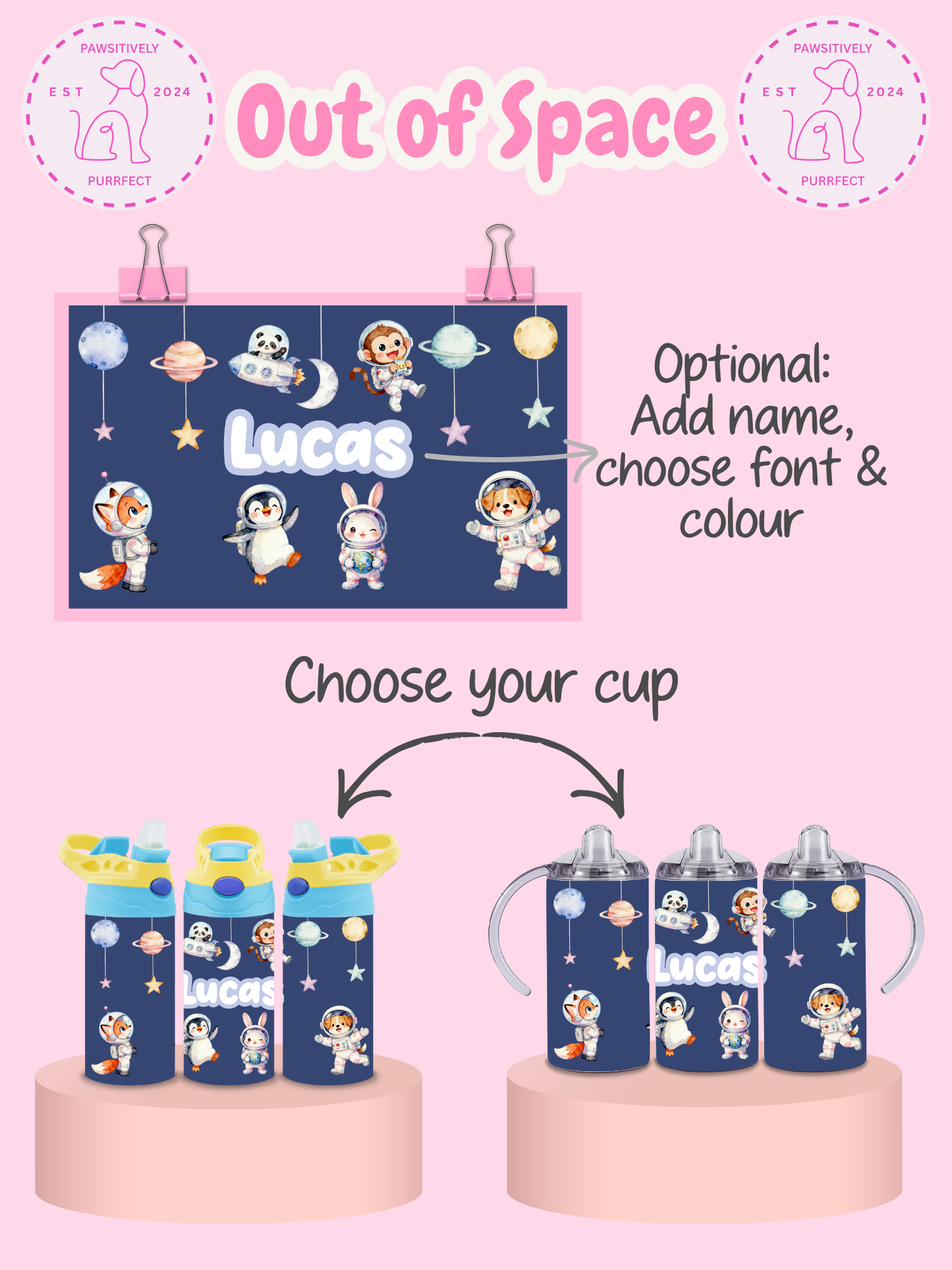 Personalised space tumbler for children with stars and planets design