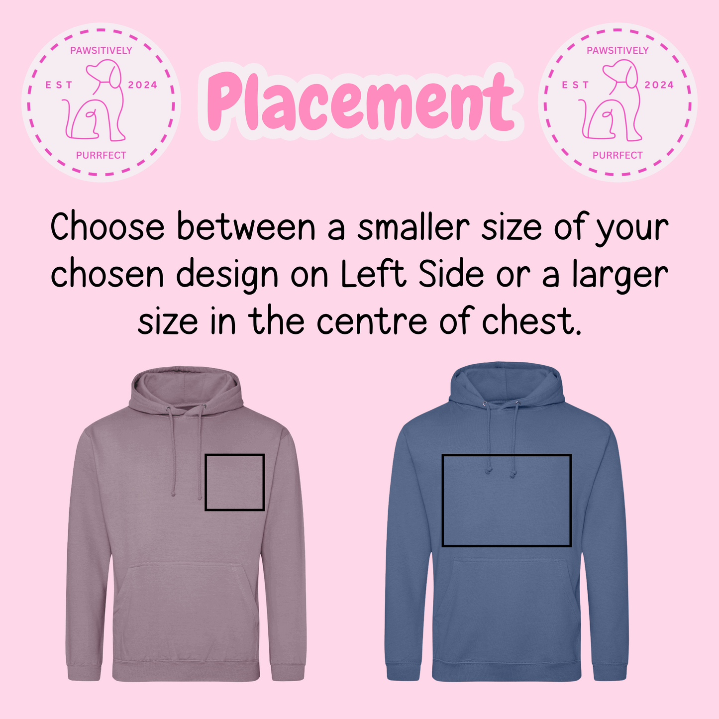 Grey and blue hoodies showing available design placement