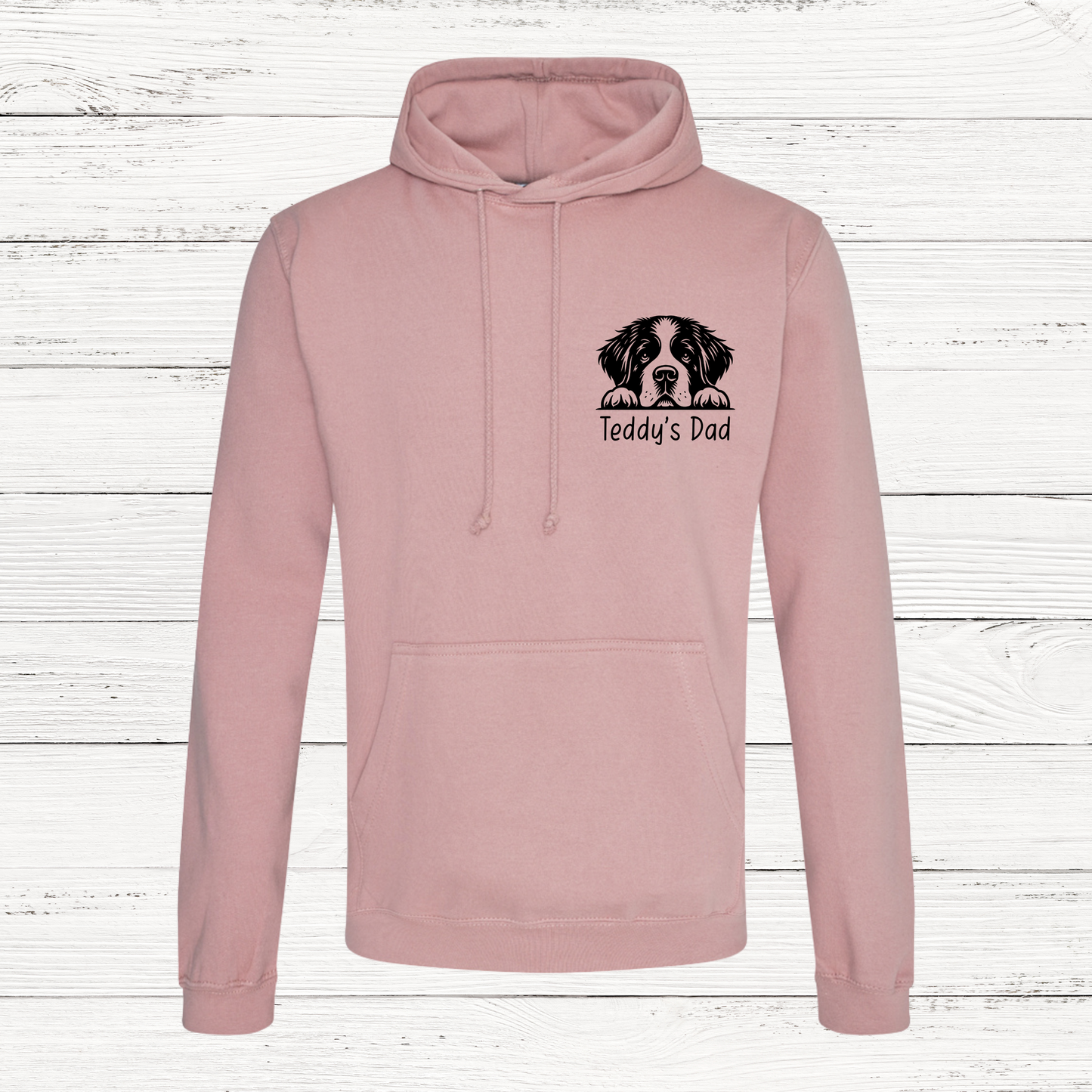 Pink personalised peeking dog hoodie with dog illustration