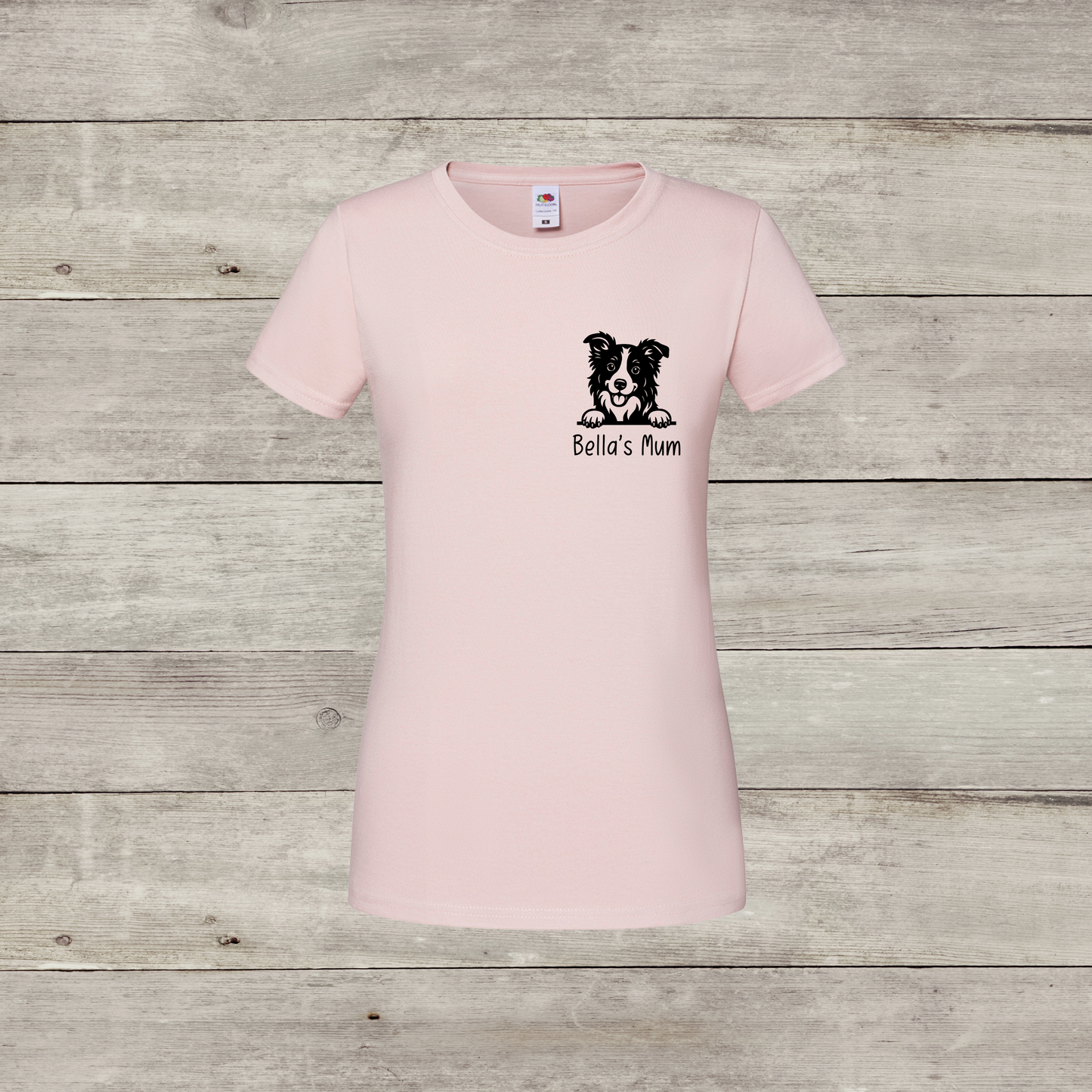 Pink women's T-shirt with personalised peeking dog design