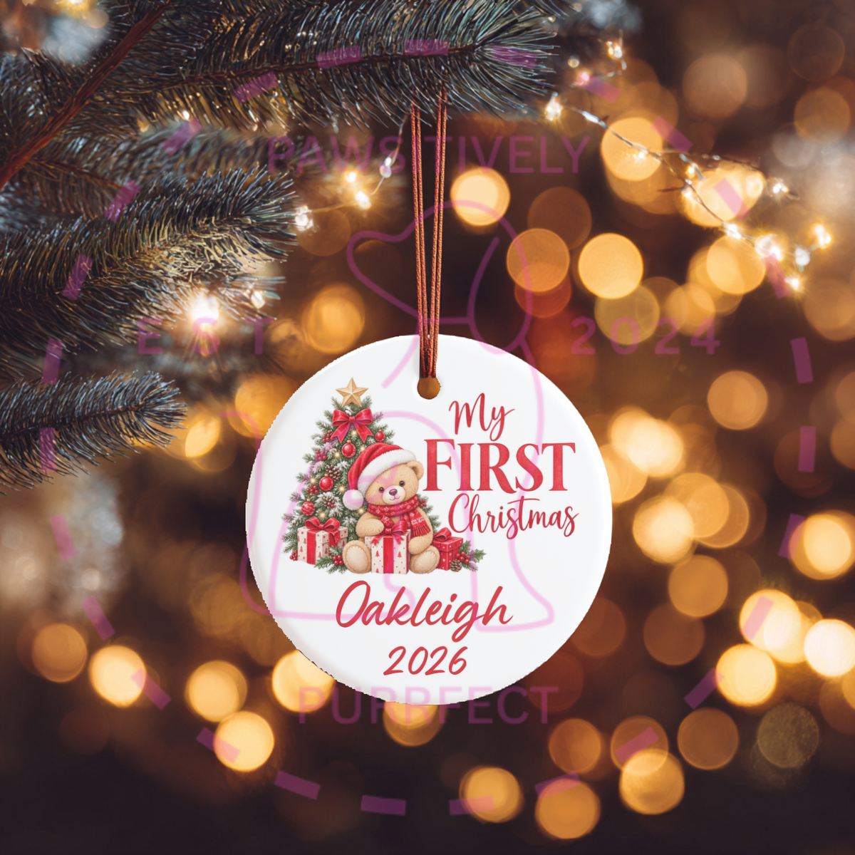 Baby's first Christmas ornament featuring a teddy bear design